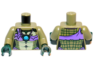 Lego Torso Crocodile Skin with Medium Lavender Bikini Top and Necklace with Blue Round Jewel (Chi) Pattern / Olive Green Arms / Dark Green Hands