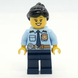 Police Officer, Bright Light Blue Shirt with Police Badge, Dark Blue Legs, Reddish Brown Ponytail