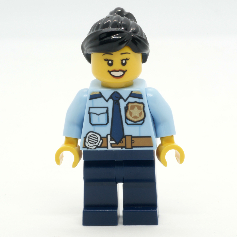 Lego Police Officer, Bright Light Blue Shirt with Police Badge, Dark Blue Legs, Reddish Brown Ponytail