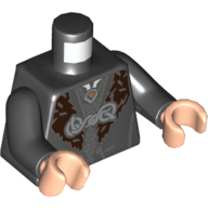 Lego Torso Coat with Dark Brown Fur Collar, Ornate Clasp, Pendant Print, Black Arms, Light Nougat Hands / Black