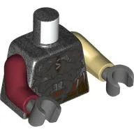 Torso, Odd Arms, Silver Plate Armor, Reddish Brown Straps, Dark Tan Laces, Reddish Brown Belt Print, Left Tan Arm, Right Dark Red Arm, Dark Bluish Grey Hands / Pearl Titanium