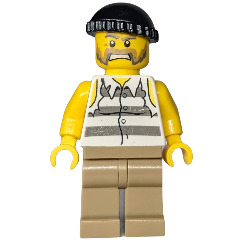 Lego Criminal, Torn Prison Shirt, Dark Tan Legs, Black Hat, Beard