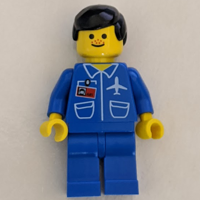 Lego Ground Crew, Blue Jumpsuit with Plane and ID Badge, Black Hair