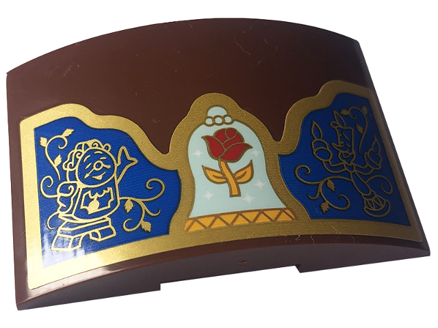 Lego Slope, Curved 6 x 4 Double with Red Rose, Bright Light Orange and Light Aqua Bell, Gold Frame, Cogsworth and Lumière {Lumiere} on Blue Background Pattern (Sticker) - Set 43227