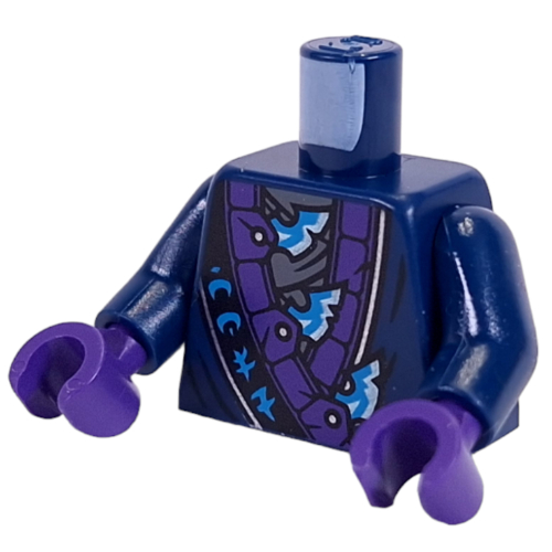 Lego Torso, Robe, Black Sash with Dark Azure Asian Symbols, Dark Purple Trim, Dark Azure/Silver Decorations print, Dark Blue Arms, Dark Purple Hands / Dark Blue