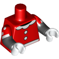 Lego Torso, Dual Molded Arms, White Collar, Buttons Belt Print (Minnie Mouse), Red Sleeves Pattern with White Spots Print, Black Arms, White Hands / Red
