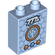 Lego Duplo Brick 1 x 2 x 2 - Blue Interlocking Hexagonal Background (Honeycomb) with TTA Letters and Badge - 2 Orange and 1 Blue connected Circles / Buttons print / Bright Light Blue