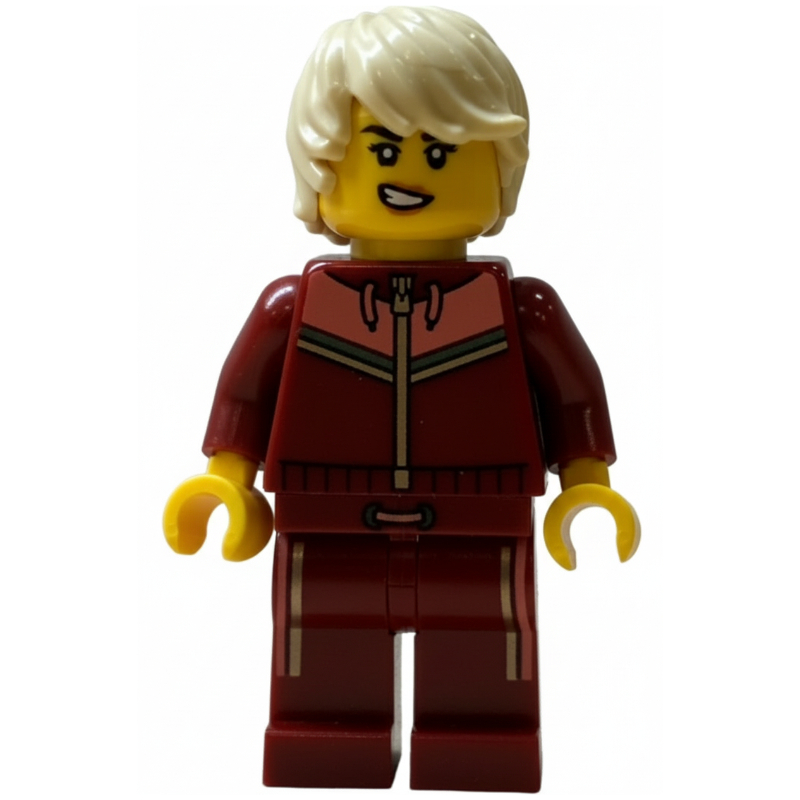 Lego Skier, Dark Red Suit, Tan Hair