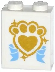 Brick 1 x 2 x 2 with Inside Stud Holder with Gold Paw Print with Heart and Medium Blue Ribbon Pattern (Sticker) - Set 41142