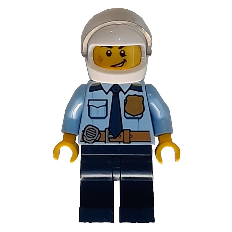 Lego Policeman, Bright Light Blue Shirt with Dark Blue Tie, Badge, and Radio on Belt, White Helmet with Visor, Scar