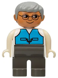 Duplo Figure, Male, Dark Gray Legs, Medium Blue Vest, Gray Hair, Glasses