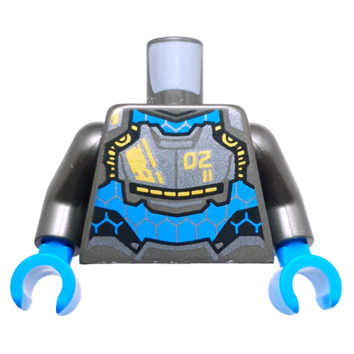 Lego Torso, Mech Suit Armor, Dark Azure Panel, Hexagons, Yellow Decorations, '02' print, Pearl Titanium Arms, Dark Azure Hands / Pearl Titanium