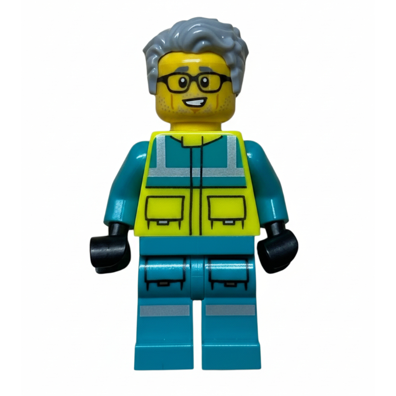 Lego Paramedic, Vibrant Yellow Safety Vest, Light Bluish Gray Hair