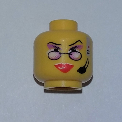 Lego Minifig Head Cam, Red Lips, Purple Eye Shadow, Headset, Reading Glasses Print / Yellow