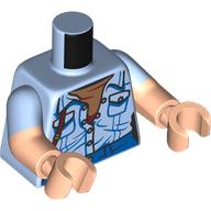 Lego Torso, Dual Molded Arms with Crumbled, Half Open Shirt, Dark Brown Strap, Blue Pants, Nougat Shirt print, Bright Light Blue Sleeves Pattern, Light Nougat Arms and Hands / Bright Light Blue