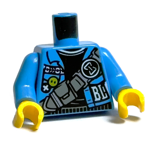 Lego Torso Jacket, Dark Bluish Grey Straps with Pocket, Black and White Hourglass, Black Shirt print, Dark Azure Arms, Yellow Hands / Dark Azure