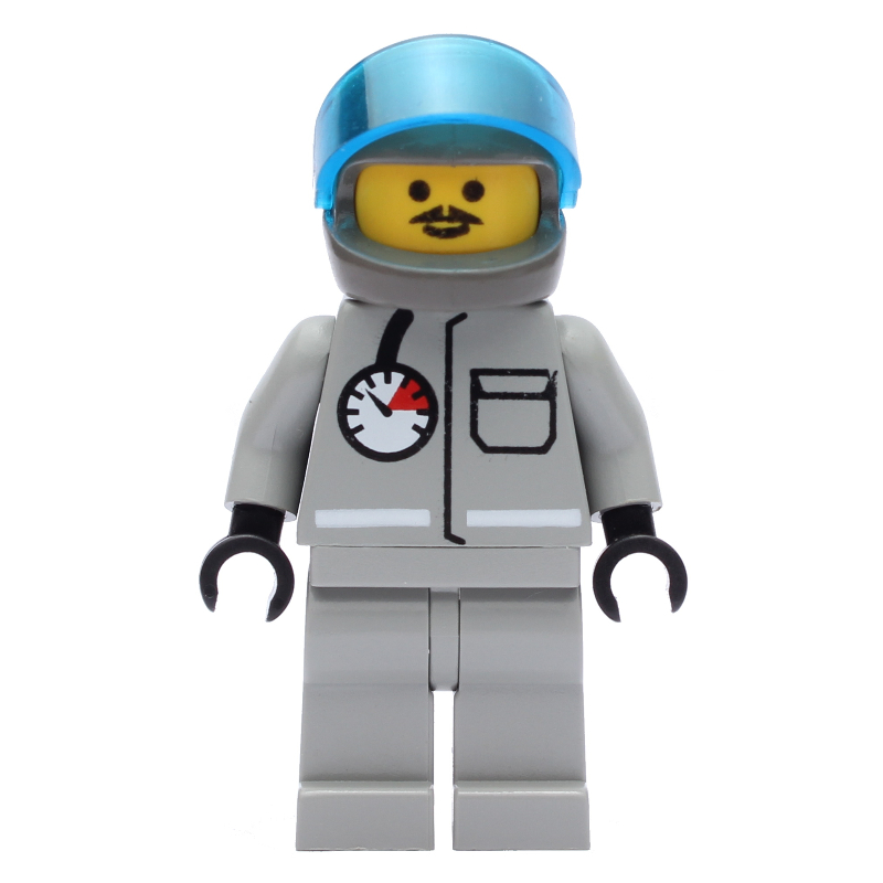 Lego Fireman, Light Gray Fire Suit with Gauge and Pocket, Dark Gray Helmet with Visor, Moustache