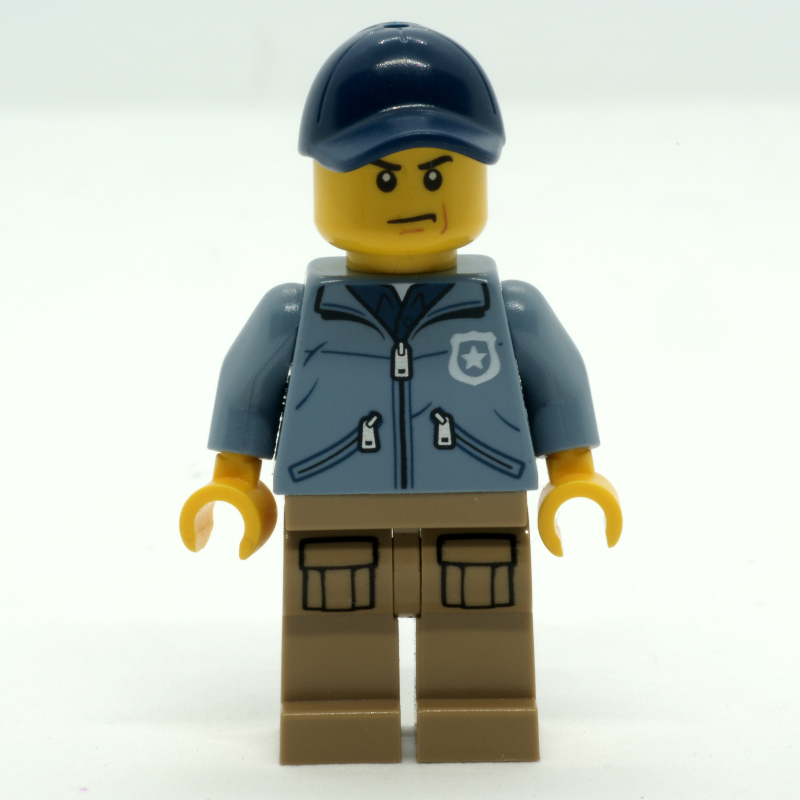 Lego Policeman, Sand Blue Jacket with Pockets and 'POLICE' on Back, Dark Blue Cap