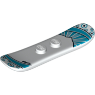 Lego Sports Snowboard Small 2 x 6 with 2 Centered Studs, Medium Azure and Dark Azure Sun-rays and Circles, Black Curved Stripes and Circles and "48mm" Print / White