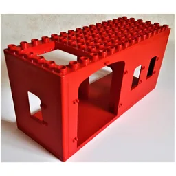 Duplo Building 6 x 16 x 6, Front Double Doors and Two Windows, Left Window, and Right Door Openings, Top Sliding Trap Door / Red
