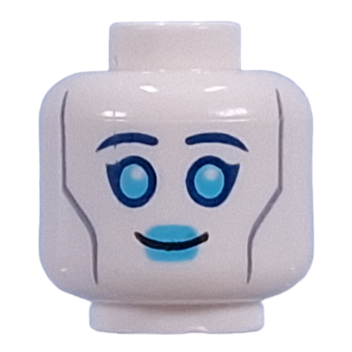 Lego Minifig Head Droid, Dark Blue Eyebrows, Dark Turquoise Eyes, Lips, Silver Lines, Plug on Back / White