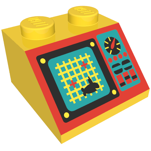Lego Brick Sloped 45° 2 x 2 with Grid Screen, Shark, and Controls on Red Panel Print (Aquazone) / Yellow