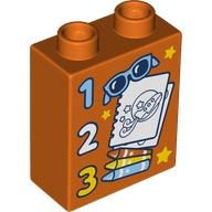 Lego Duplo Brick 1 x 2 x 2 with '1, 2, 3', Sunglasses, Note, Pencils print / Reddish Orange