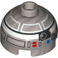 Lego Brick Round 2 x 2 Dome Top, Hollow Stud with Astromech Droid Print (R2-Q2) / Flat Silver