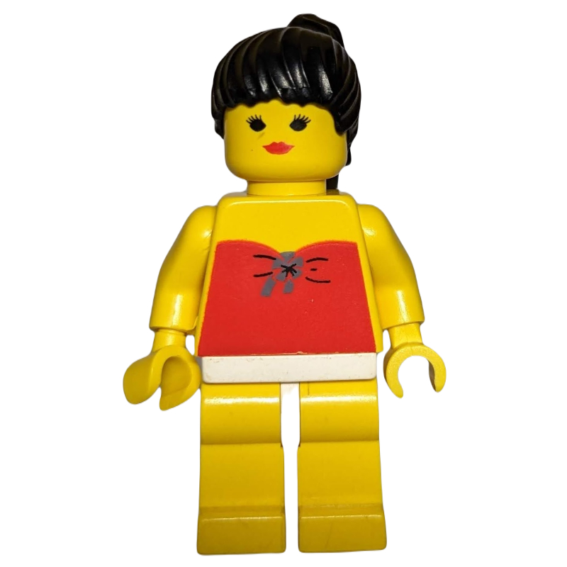 Lego Woman, Red Swimsuit, Black Hair - Closed Mouth