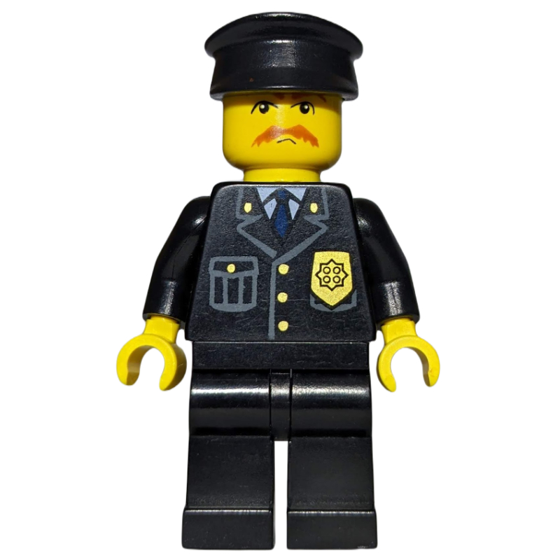 Lego Policeman, Black Jacket with Pocket and Badge, Black Cap, Moustache