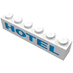Lego Brick 1 x 6 with 'HOTEL' Thick Blue Print / White