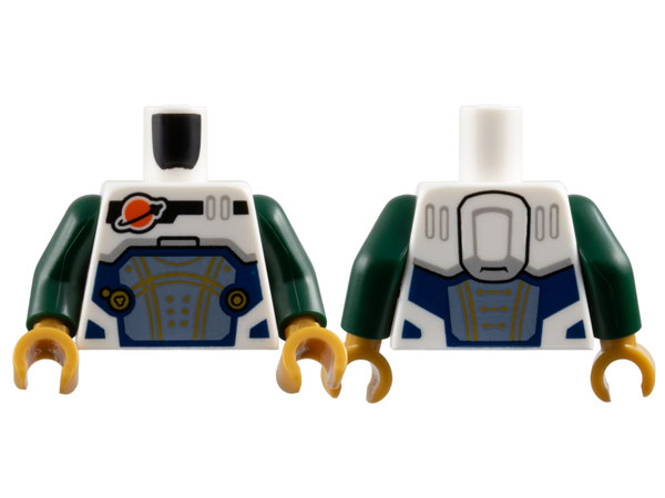 Lego Torso Reddish Orange and Black Classic Space Logo, Sand Blue Panel with Gold Lines, Dark Blue Trim Pattern / Dark Green Arms / Pearl Gold Hands