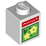 Lego Brick 1 x 1 with White Scribbling On Red Rectangle, Bright Light Yellow Flowers in Bright Green Square print / White