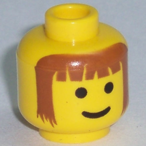 Lego Minifig Head Forestman, Brown Bangs and Long Brown Hair Print / Yellow