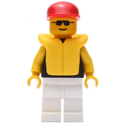 Man, Black Torso, White Legs, Red Cap, Yellow Life Vest, Sunglasses