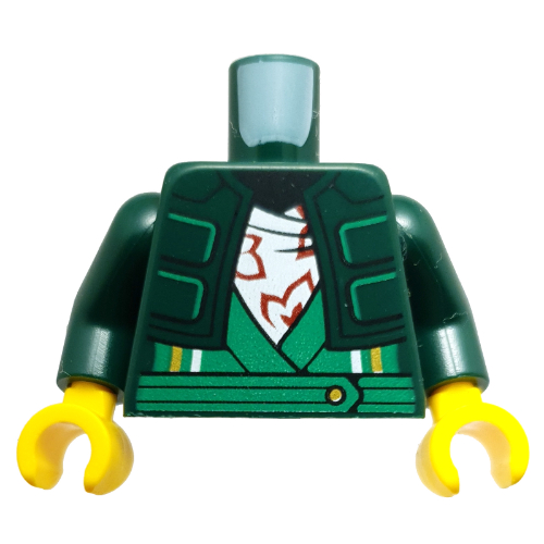 Lego Torso, Puffed Jacket, Bright Green Ninja Roves, White Shirt with Dark Red Flowers print, Dark Green Arms, Yellow Hands / Dark Green