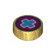 Tile Round 1 x 1 with Blue Cross Print / Pearl Gold
