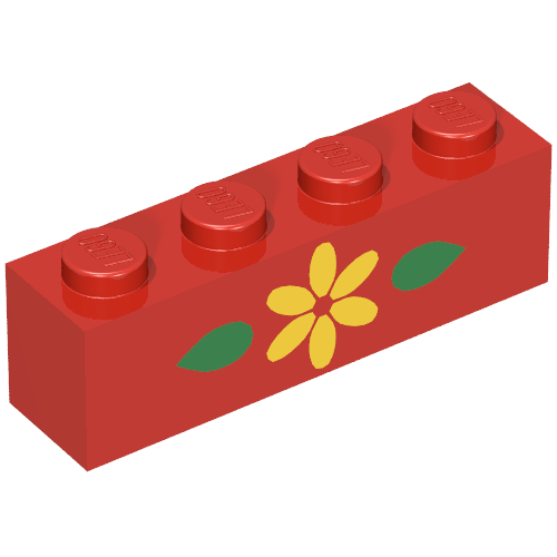 Lego Brick 1 x 4 with Yellow Flower and 2 Green Leaves Print / Red