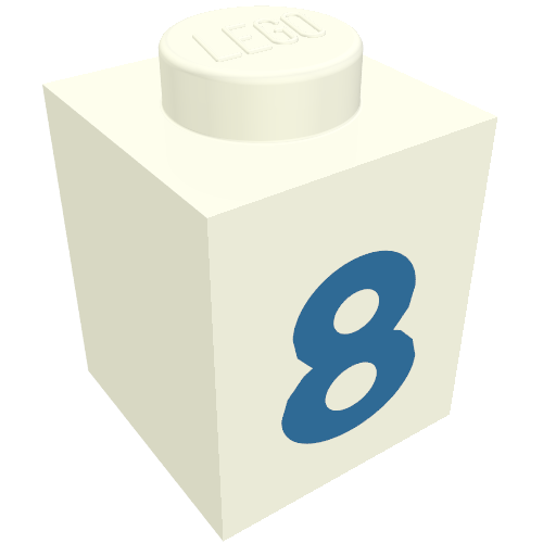 Lego Brick 1 x 1 with Blue '8' Print (Bold Font) / White