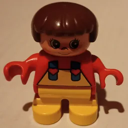 Duplo Figure, Early Child, with Straight Hair Brown, Yellow Legs, Yellow Overalls and Hearts on Straps Print / Red