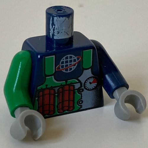 Lego Torso, Odd Arms, Vest, Green with Alpha Team Logo, Dynamite Print, Left Dark Blue Arm, Right Green Arm, Light Gray Hands / Dark Blue