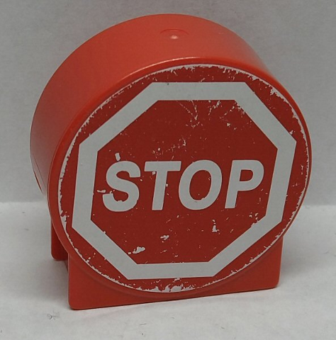 Lego Duplo, Brick 1 x 2 x 2 Round Top with White 'STOP' in Octagon Pattern (Sticker) - Sets 9207 / 9211 (Stop Sign)