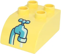 Duplo, Brick 2 x 3 Slope Curved with Medium Azure Water Faucet Pattern / Bright Light Yellow