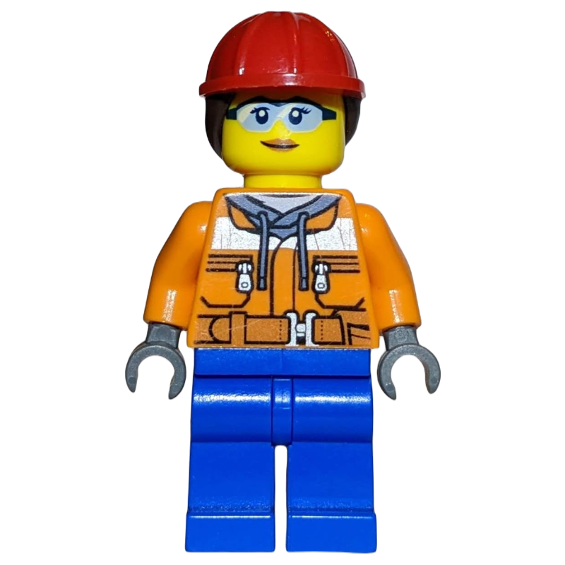 Lego Construction Worker, Woman, Orange Safety Jacket, Blue Legs, Ponytail with Red Hard Hat