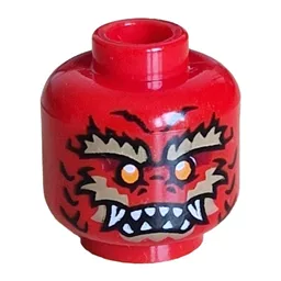 Minifig Head Dragonian Warrior, Dark Red Scales, Orange Eyes, Dark Tan Eyebrows, Facial Hair, White Fangs, Flames on Back / Red