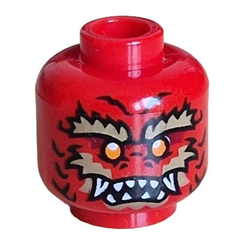 Lego Minifig Head Dragonian Warrior, Dark Red Scales, Orange Eyes, Dark Tan Eyebrows, Facial Hair, White Fangs, Flames on Back / Red