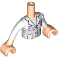 Lego Minidoll Torso Girl, White Lab Coat, Dark Blue Trim, Buttons, Pockets, Heart Logo, ID Badge / Light Nougat