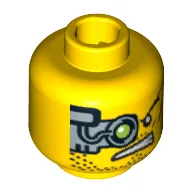 Minifig Head Fire Arm, Mechanical Right Eye Green, Scars on Left Cheek, Stubble Print [Blocked Open Stud] / Yellow