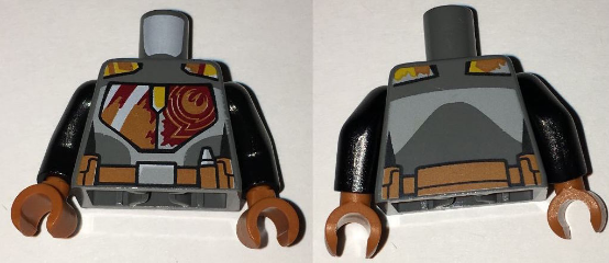 Lego Torso SW Mandalorian Armor Plates Female Dark Red, Dark Orange, and Yellow with Rebel Starbird and Utility Belt Pattern (Sabine Wren) / Black Arms / Dark Orange Hands