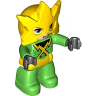 Duplo Figure with Helmet with 5 Points, Bright Green Legs, Yellow Belt, Crossed Yellow Lightning Bolts on Chest (Electro) / Bright Green